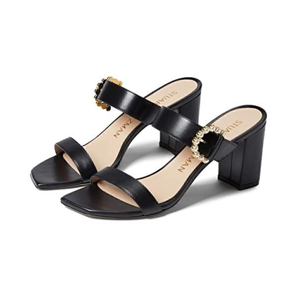 Stuart Weitzman Piper 75 Block Sandal Black Pearl Buckle size 9.5